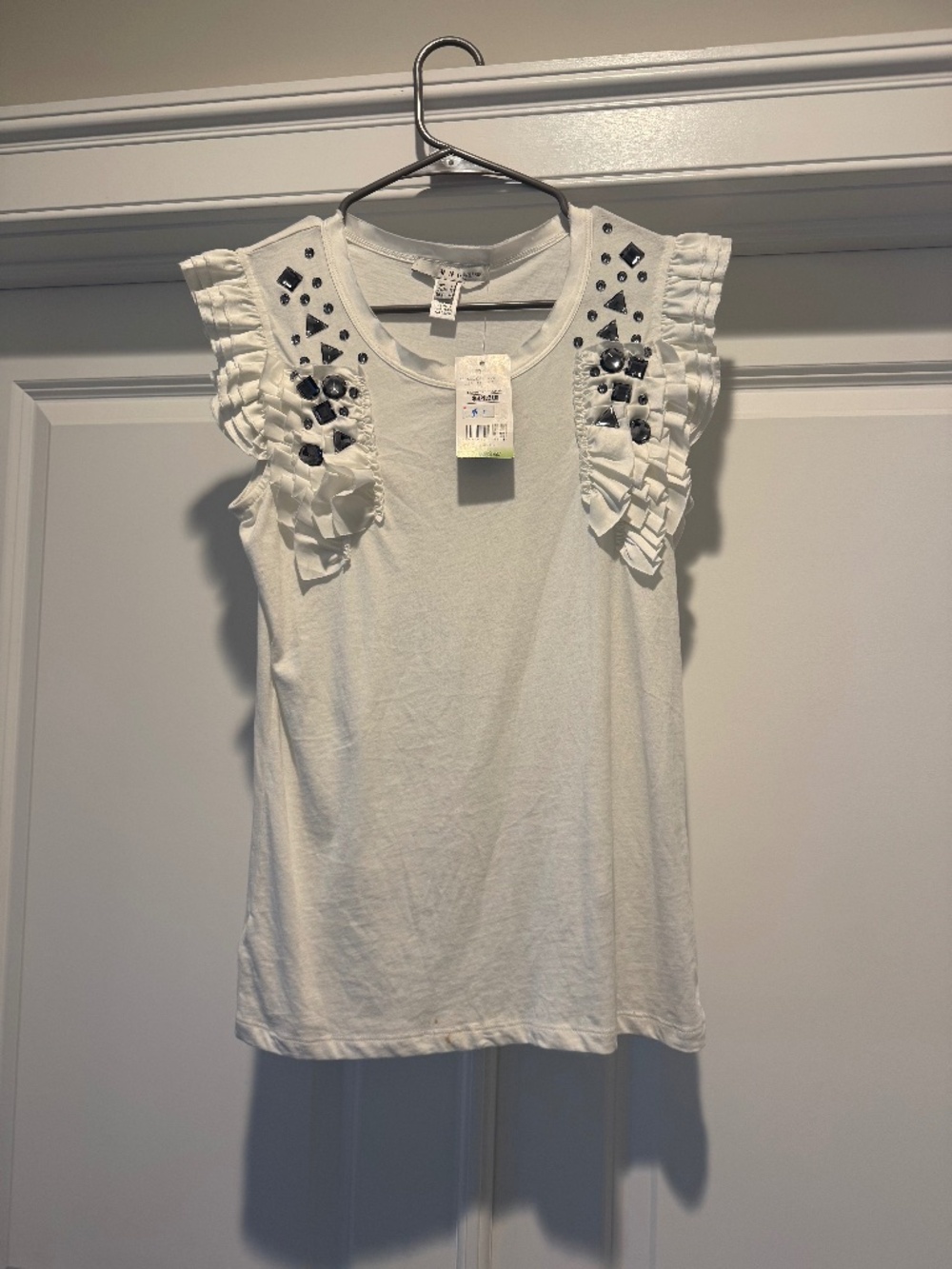 Mango White Embellished Ruffle Sleeve Top